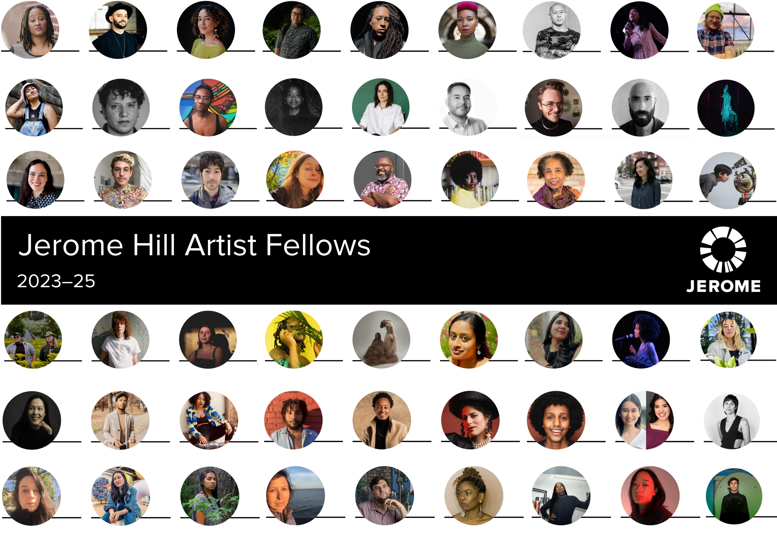 An image showing all 54 Jerome Hill Artist Fellows for 2023; each fellowship is represented by a portrait in a circle of an artist.