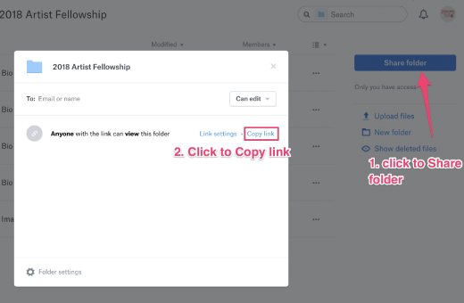 Screenshot showing how to get a shared link in Dropbox