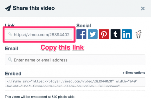 screenshot of Vimeo share video