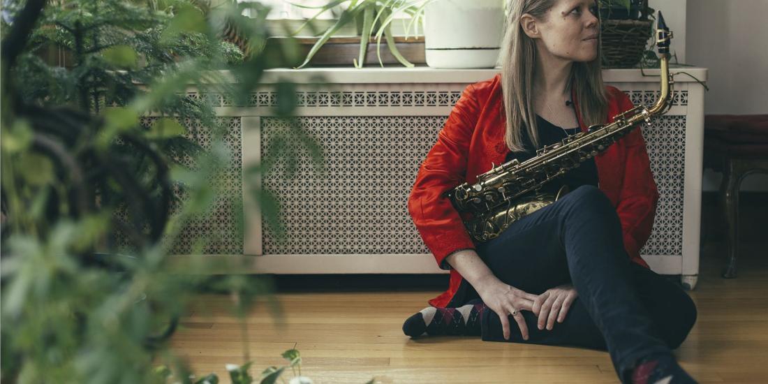 Caroline Davis with her saxophone
