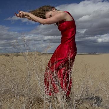 A woman facing the right in a long red evening gown in the desert sand is slightly hunched over with her arms extended in front of her. Her fingers and pulling her hair slightly and we only see her left eye peeking from about her arm. The sky is blue, the sand is light tan, and there is a twiggy bush she is standing in the middle of.